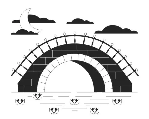 Vector illustration of Stone bridge under river bw concept vector spot illustration