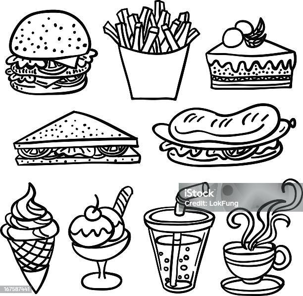 Fastfood Collection En Noir Et Blanc Vecteurs libres de droits et plus d'images vectorielles de Sandwich - Sandwich, Burger, Griffonnage