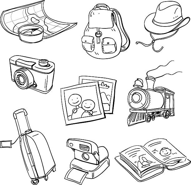 여행 아이콘 in black and white - lens camera photography photograph stock illustrations