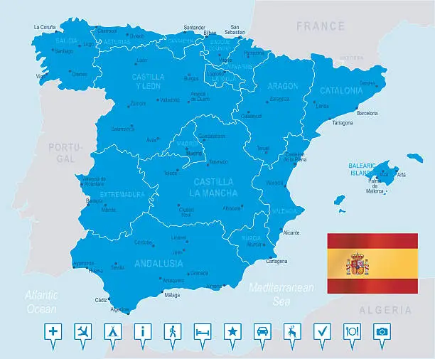 Vector illustration of Map of Spain in blue on light blue background