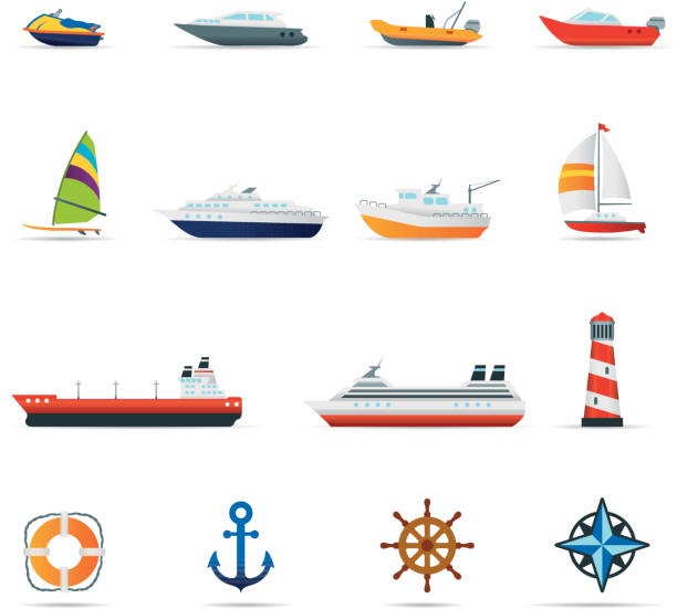 icon-set, booten und schiffen farbe - motorbootfahren stock-grafiken, -clipart, -cartoons und -symbole