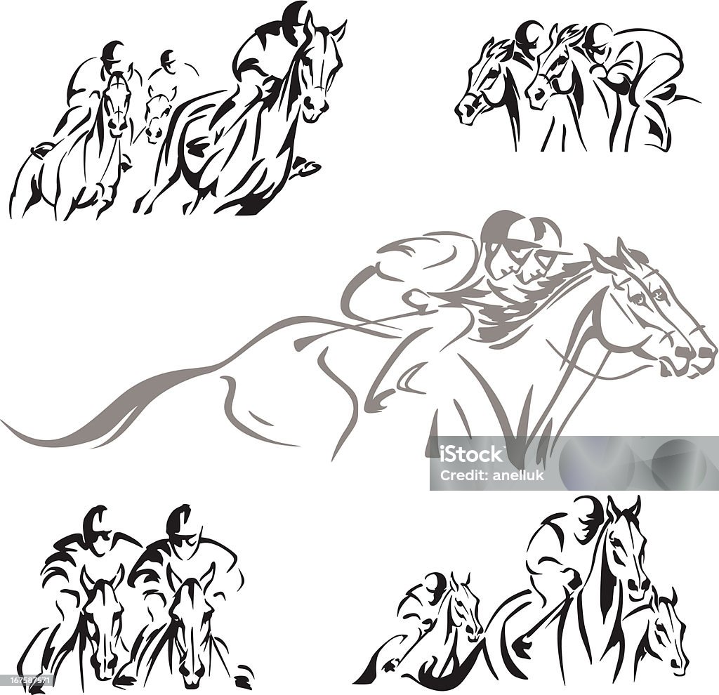 Five horse-racing themes Dynamic horse-racing scenes based on brush drawings. For emblems, invitations, event flyer etc. Horse Racing stock vector