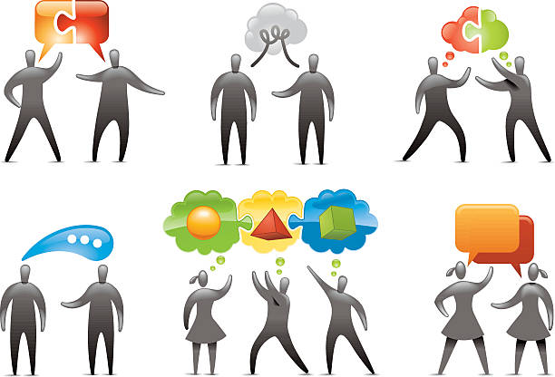 ilustrações de stock, clip art, desenhos animados e ícones de comunicação de pensamento em desenho animado - stick figure communication connection thought bubble