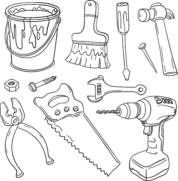 illustrations, cliparts, dessins animés et icônes de outils de travail en noir et blanc - home improvement hammer work tool nail