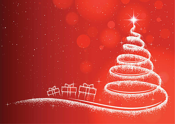 Christmas tree & gifts in glitter on red vector art illustration