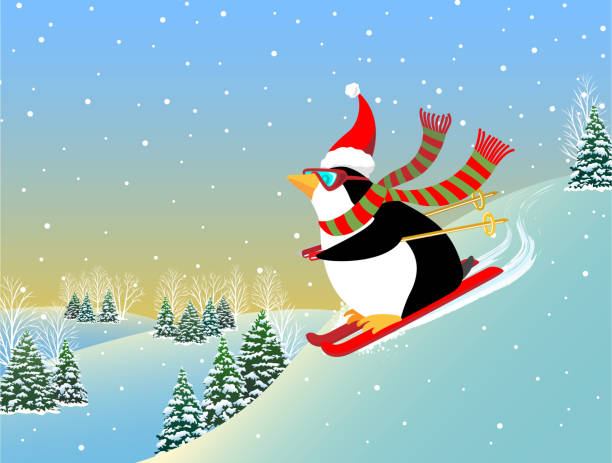 ilustraciones, imágenes clip art, dibujos animados e iconos de stock de esquí sobre nieve pingüino - mono ski
