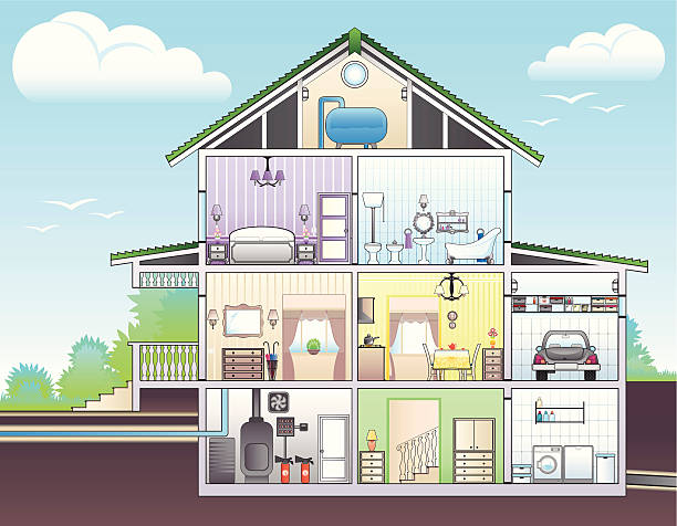 ilustraciones, imágenes clip art, dibujos animados e iconos de stock de la ilustración muestra de casa de unión (cutaway - house attic desing residential structure