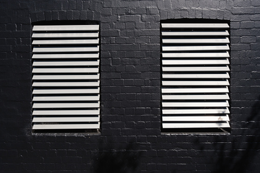 Close-up photo of protected windows in the side of a black brick wall.