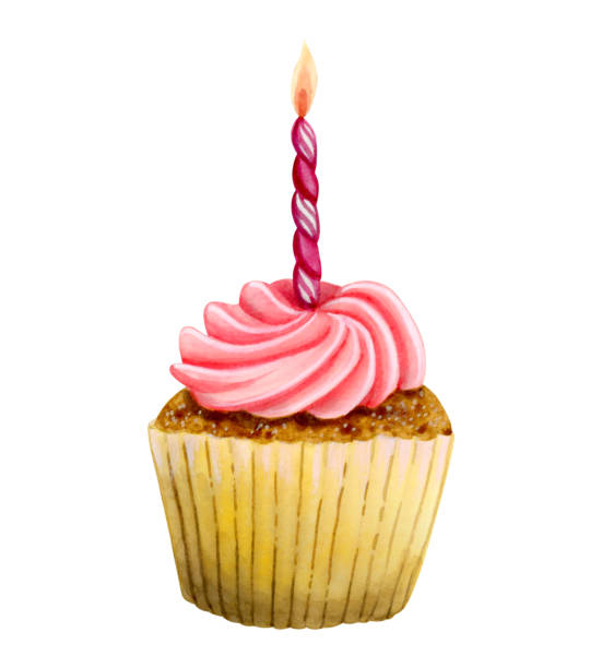 istock Pink birthday cupcake with candle watercolor illustration isolated on white background for girls holiday card, poster or invitation 1675879886