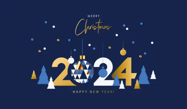 Vector illustration of Merry Christmas and Happy New Year banner, greeting card, poster, holiday cover. Modern Xmas design in geometric style with triangle pattern, Christmas tree, ball, snow and 2024 number on night blue
