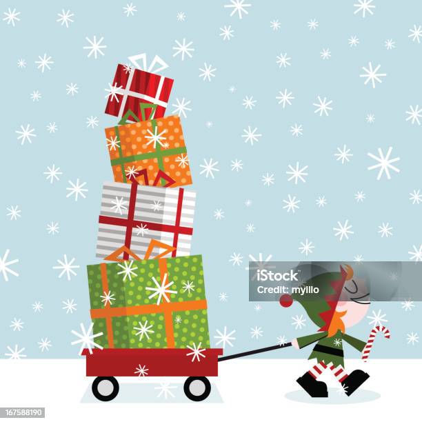 Elf And Gifts Christmas Present Gift Snow Illustration Vector Stock Illustration - Download Image Now