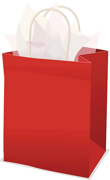 ilustrações, clipart, desenhos animados e ícones de bolsa de presente vermelho com lenços de papel - goodie bag