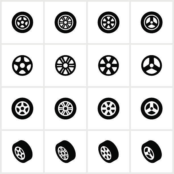 Tire and Rim Icons Tires and rims. All white strokes/shapes are cut from the icons and merged allowing the background to show through. wheel stock illustrations