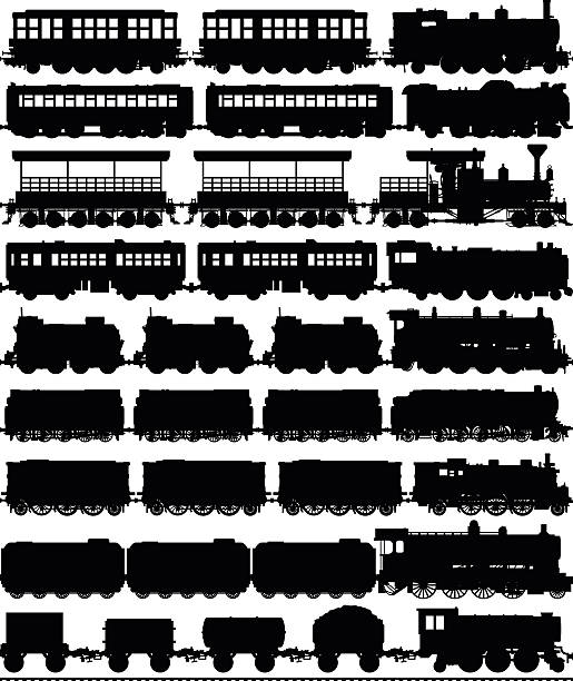 тренирует (carriages легко могут быть разделены или дублировать - train steam train vector silhouette stock illustrations