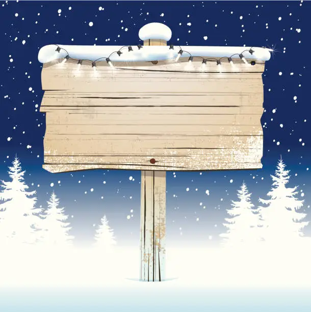 Vector illustration of Old wooden sign in the snow with fairy lights