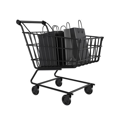 Black shopping trolley with black bags. Black Friday and sale event concept. Concept of sale event or promotion great discount. 3d rendering.