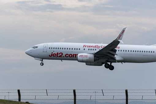 Jet2 plane landing at East Midlands Airport (EMA), UK.