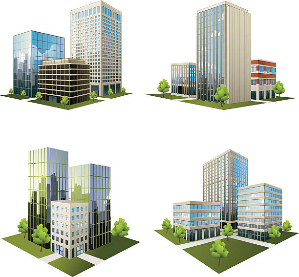 ilustraciones, imágenes clip art, dibujos animados e iconos de stock de office park iconos - office sidewalk office building built structure