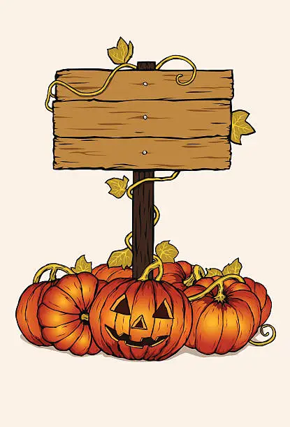 Vector illustration of halloween pumpkins with wooden sign