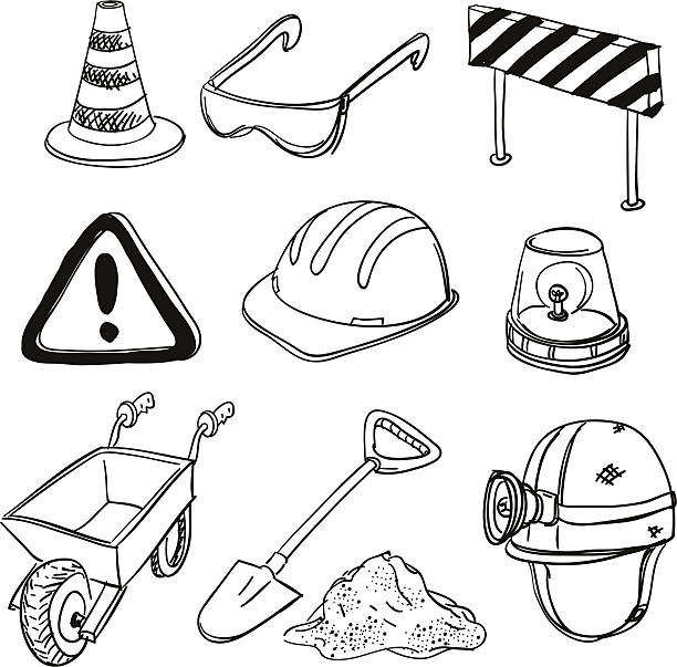 ilustrações, clipart, desenhos animados e ícones de desenho de construção em preto e branco - hardhat helmet hat construction