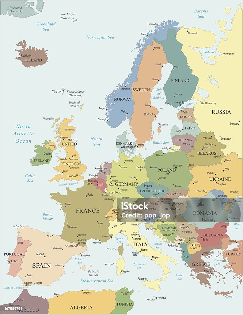 Europa-altamente detalhado de mapas de cores - Royalty-free Mapa arte vetorial