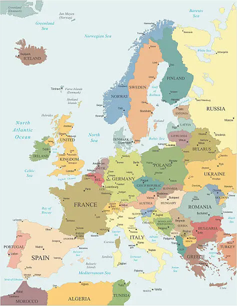 Vector illustration of Europe - highly detailed colored map