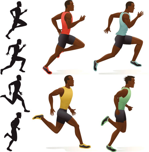 ilustraciones, imágenes clip art, dibujos animados e iconos de stock de sprinters - atletismo en pista masculino