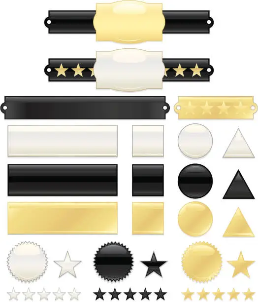 Vector illustration of Interface Icons, Labels, Ribbons, Buttons, Tags Set: Gold, Black, White