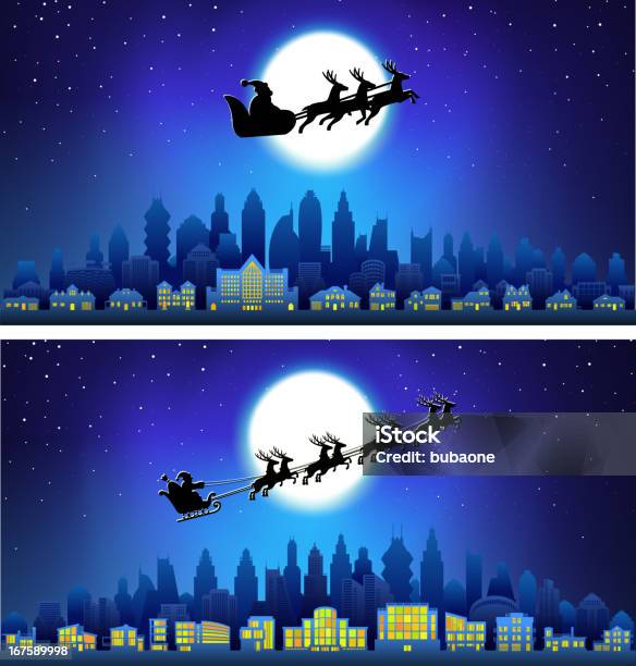 Santa Sleigh On Christmas Eve With City Skyline Panoramic Background Stock Illustration - Download Image Now