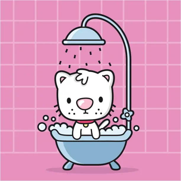 Vector illustration of cartoon cat takes a bath in the bathtub / shower