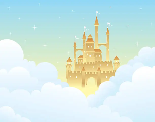 Vector illustration of Drawing of a castle partially hidden by clouds