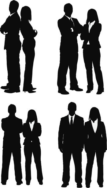 ilustraciones, imágenes clip art, dibujos animados e iconos de stock de silueta de pareja de negocios - men inside of suit silhouette