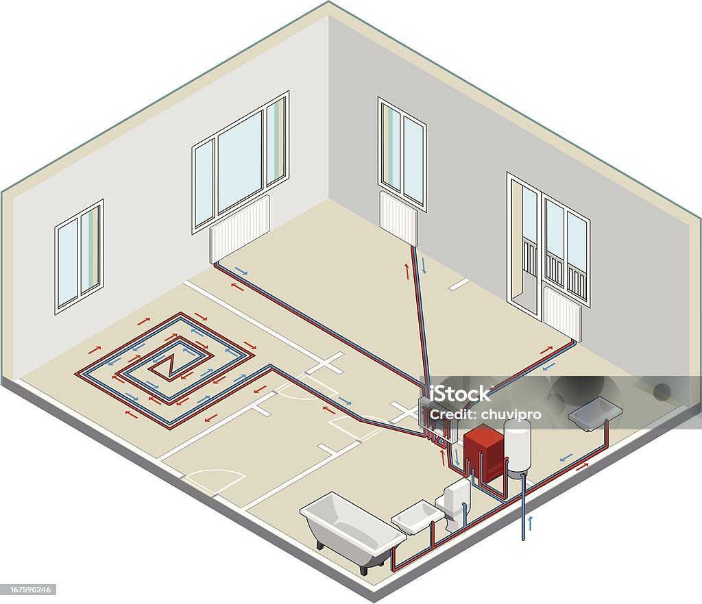 Heating scheme Heating scheme in apartment. Options for radiator connection. Isometric Projection stock vector