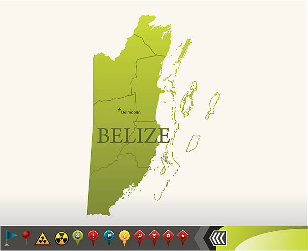 illustrazioni stock, clip art, cartoni animati e icone di tendenza di belize mappa con icone di navigazione - flag of belize
