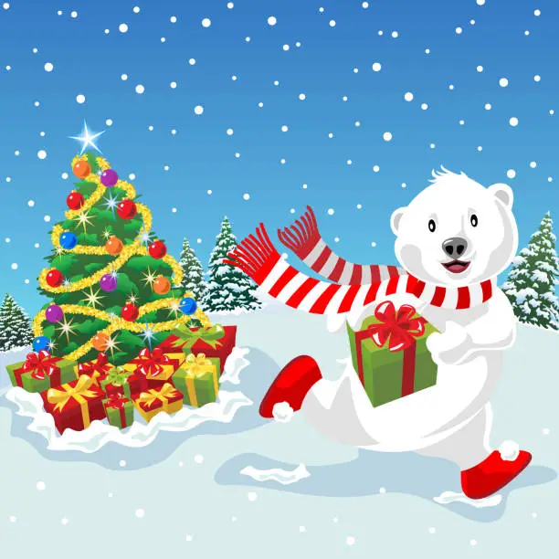 Vector illustration of Polar Bear Get Christmas Present