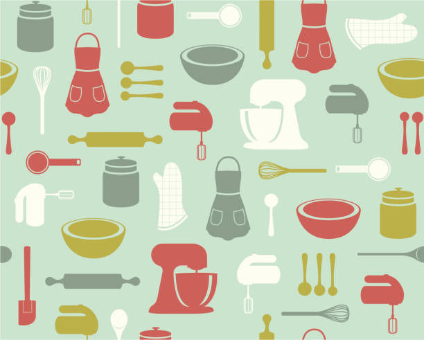 Retro Baking Pattern A retro-styled mix of baking implements, from mixers to measuring spoons, all in a seamless pattern. cooking patterns stock illustrations