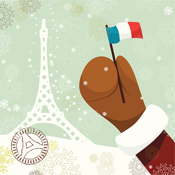 Santa's postcard from Paris Christmas postcard with Santa's hand holding the french flag. Elements grouped independently. eiffel tower winter stock illustrations