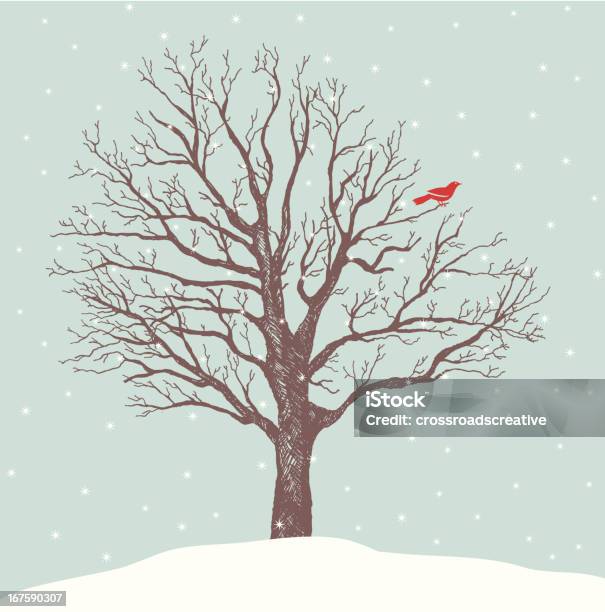 Red Bird Perch Stock Illustration - Download Image Now - Tree, Bare Tree, Winter