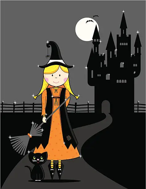 Vector illustration of Halloween Witch Girl Character in a Spooky Scene