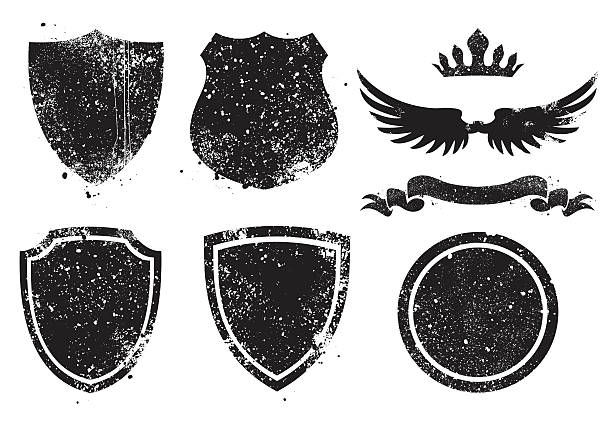 ilustraciones, imágenes clip art, dibujos animados e iconos de stock de grunge shileds - grunge shield coat of arms insignia