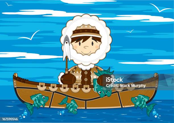 Cute Inuit Fisherman In Canoe Scene Stock Illustration - Download Image Now - Animal, Bubble, Button - Sewing Item