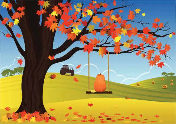 Vector illustration of Maple Tree And Swing In Autumn Background