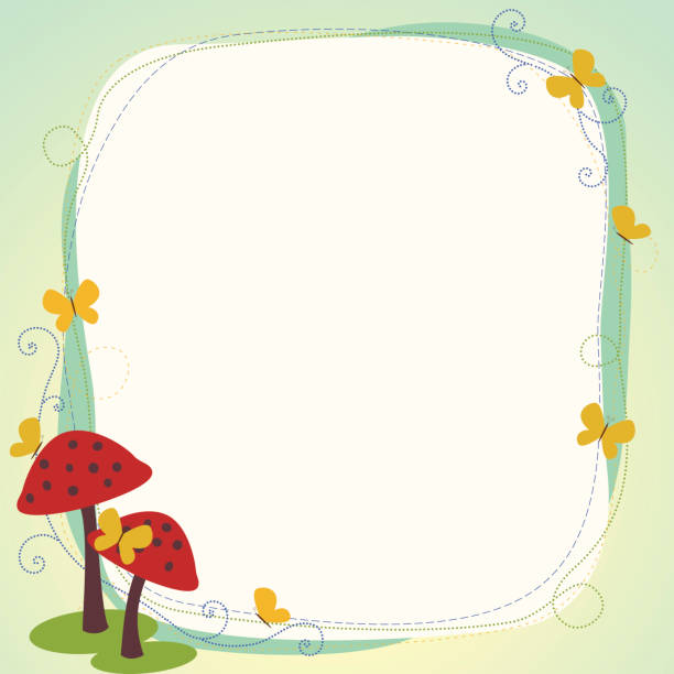 Butterfly border with toadstools vector art illustration