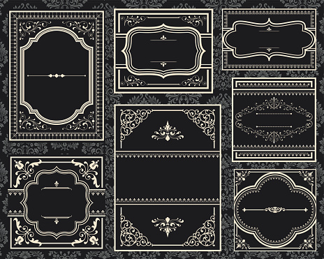 Set of ornate vector frames.  Each frame is grouped individually for easy editing.  Colors are global.  Seamless pattern is included in swatches window.