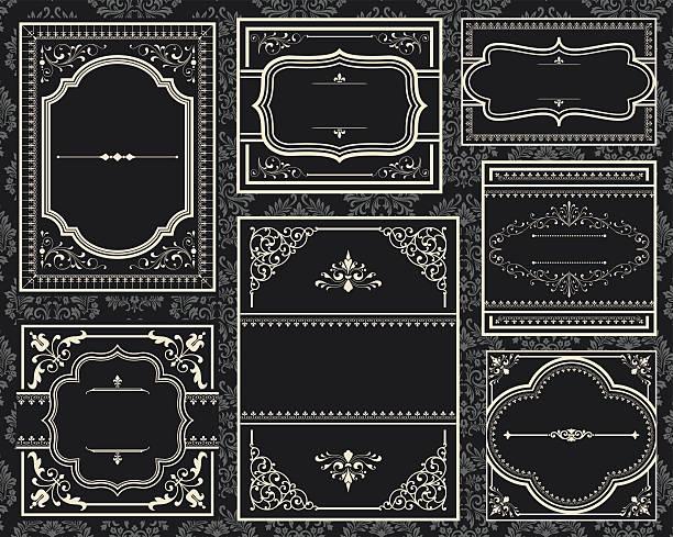 A group of old black ornate vintage frames Set of ornate vector frames.  Each frame is grouped individually for easy editing.  Colors are global.  Seamless pattern is included in swatches window. ornate illustrations stock illustrations