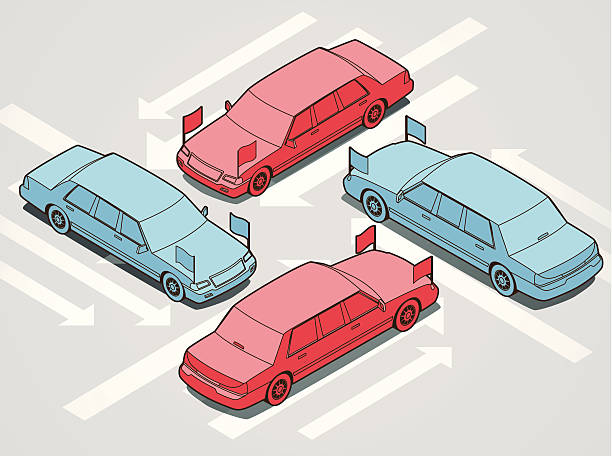Political Gridlock Four limousines are stuck in gridlock, each preventing the others from moving forward. Red and blue colors represent political parties. political joke stock illustrations