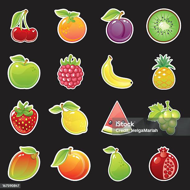 Ícone Brilhante Conjunto De Frutos - Arte vetorial de stock e mais imagens de Framboesa - Framboesa, Manga - Fruto tropical, Limão