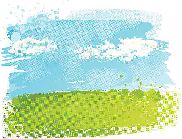 Abstract watercolour background design of a field with sky and clouds, using a halftone texture and paint splatters. Global colours are easily changed.