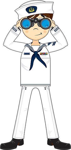 illustrazioni stock, clip art, cartoni animati e icone di tendenza di blu navy ufficiale con binocolo - military rank badge marines