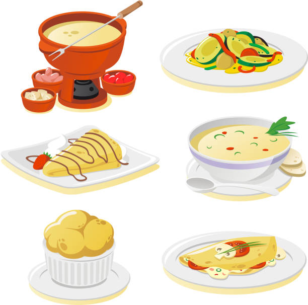 French dishes French cuisine vector icon set. omelette on the plate stock illustrations